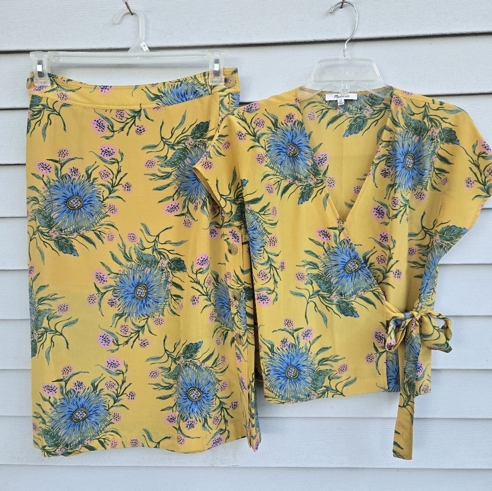 Madewell Silk Side Tie Wrap Top in Blooms Blouse size XS And Skirt Size 4 Set